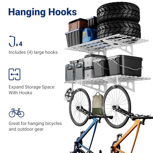 FLEXIMOUNTS 2-Pack 2x4ft Garage Shelving with Hooks, 600lbs Load, White - color: White, size: 2 pack-2x4 ft w/hooks