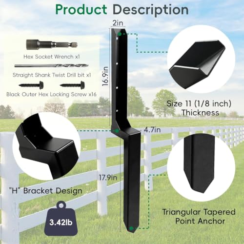 4 Pack Strong Fence Post Repair Kits with One-Piece Steel Anchor & Stakes - color: Black