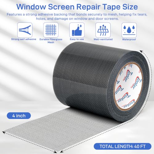 Black Window Screen Repair Tape 4" x 40FT Fiberglass Strong Adhesive - color: Black, size: 4in×40ft