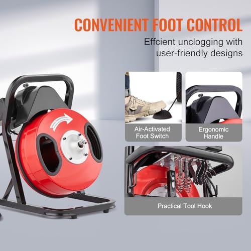 VEVOR Drain Cleaner Machine 50FT x 1/2 Inch, Manual Feed Sewer Snake Auger - with 4 Cutters & Air-activated Foot Switch for 2" to 4" Pipes - style: 50 FT x 1/2''