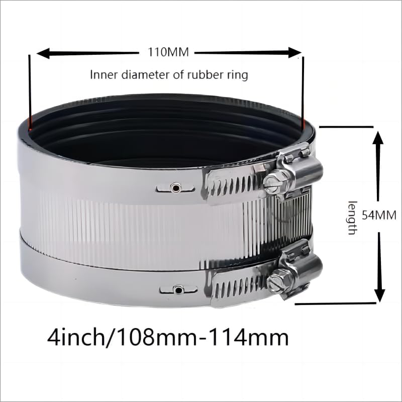 Flexible pipe Coupling with Stainless Steel Clamps.Pipe Connector for PVC and Metal Pipes (4inch/108mm-114mm) - size: 4 inch (108-114 mm)