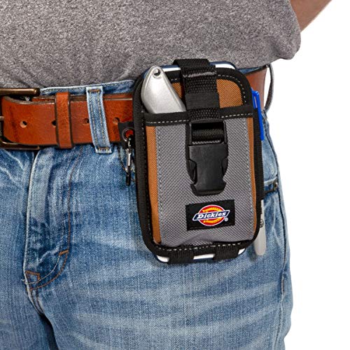 Dickies 2-Compartment Large Phone Pouch, Universal-fit Steel Clip for Tool Belt, Security Strap Over Phone, Carabiner for Quick-Clip Key Storage