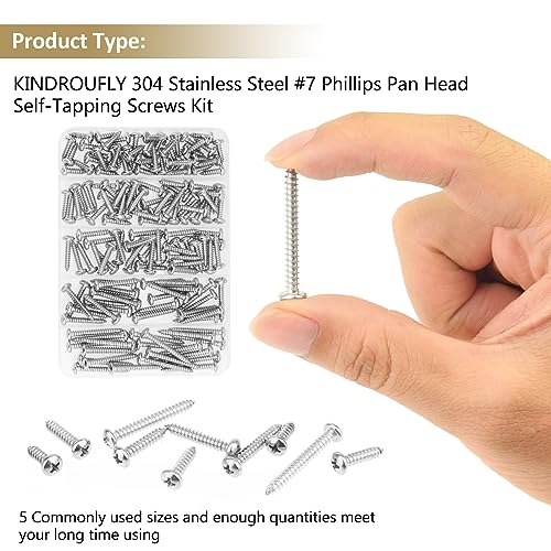 147 Pieces #7 x 1/2" 5/8" 3/4" 1" 1-1/4" Phillips Pan Head Self-Tapping Screws, Wood Screws Assortment Kit, 304 Stainless Steel - size: #7