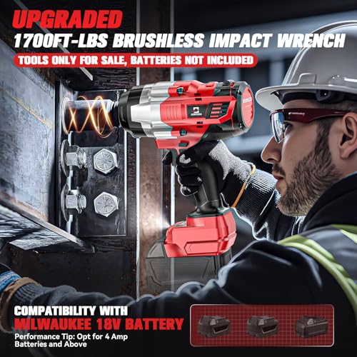 Cordless Impact Wrench 1/2 inch Compatible with Milwaukee 18V Battery: 1700FT-LBS High Torque Impact Wrench Heavy Duty Tool - Brushless Electric Impact Gun Includes LED Work Light - Bare Tool Only - size: 1/2inch, style: Compatible with Milwaukee(No batte