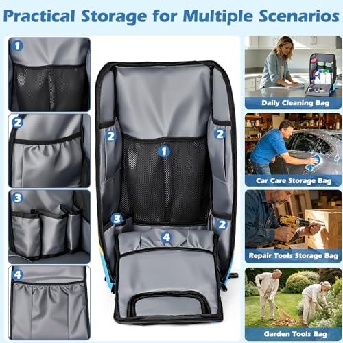 Rolling Cleaning Caddy Bag with Wheels, Large Cleaning Supplies Organizer Backpack with Detachable Trolley and Cleaning Apron for Housekeepers, Home, Hotel & Car Detailing - color: A02-blue