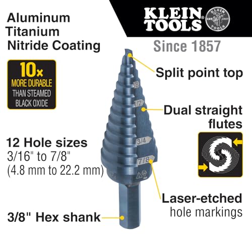 Klein Tools KTSB14 Step Drill Bit #14 Double-Fluted, 3/16 to 7/8-Inch with Easy-to-Read Step Markings and Targets, 3/8-Inch Hex Shank - size: 3/16 to 7/8-Inch, style: Standard