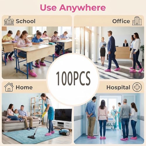 50Pairs/100PCS Disposable Plastic Anti-Slip Shoe Covers- Overshoes Carpet Protection Floor Protectors (Pink)