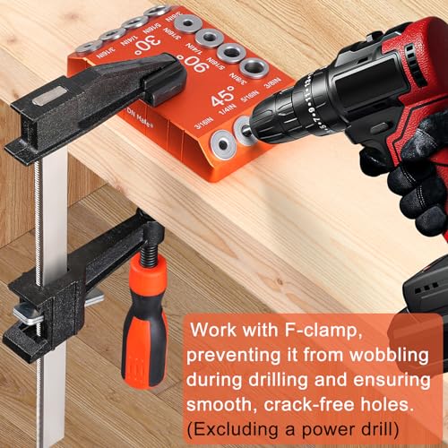 Aluminum Drill Guide Jig 30 45 90 Degree Angle 4 Sizes with 6" F Clamp for Angled and Straight Holes, Portable Durable Cable Railing Drilling Template Block for Deck Stair Handrail DG12 - size: With F clamp