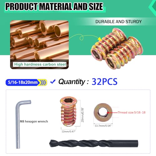 Twidec/32PCS 5/16"-18 Threaded Inserts for Wood Furniture Screw-in Nut Wood Inserts Bolt Assortment Kit with M8 Hex Wrench (5/16"-18 x20mm) - size: 5/16"-18 x 20mm (32 PCS)