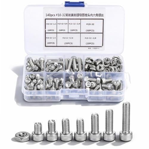 140PCS #10-32 Screws Assortment Kit, 5/16 1/4 5/8 3/8 3/4 1/2 Hex Socket Head Bolts, Nuts & Washers Assorted Set, Hex Socket Head Cap Screws Bolts Nuts Washer Kit, 304 Stainless Steel