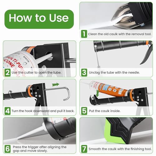 Professional Caulk Gun Kit with Caulk Remover & Silicone Sealant - 5 in 1 Caulking Tool Set for Caulking Removal, Includes Caulking Gun Tool, Silicone Scraper