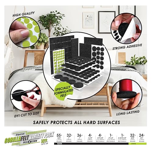 Slipstick Gorilla Felt Furniture Pads (189 Piece Variety Pack) Premium Furniture Pads & Chair Leg Floor Protectors for Hardwood Floors & Hard Surfaces - size: 189 Piece Variety Pack