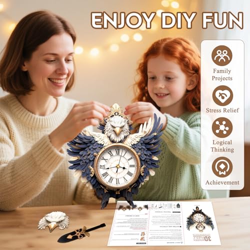 3D Wooden Puzzles for Adults-Eagle Clock Puzzle-Adult Crafts - color: Eagle Clock