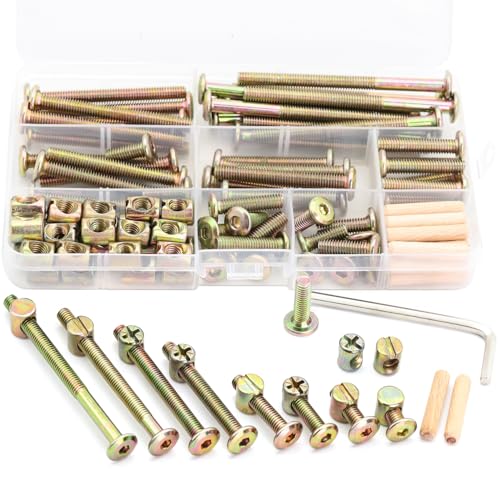 54-Set Crib Screws, Furniture Screws and Nuts Kit, Bed Frame M6 x 16mm/ 20mm/ 25mm/ 30mm/ 40mm/ 50mm/ 60mm/ 70mm/ 80mm Barrel Nut & Wooden Dowel Assortment Kit