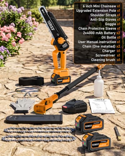 2-in-1 Electric Pole Saw 6“ Mini Chainsaw Cordless Telescopic 2x4.0Ah Batteries Fast Charger Adjustable Shoulder StrapTree Trimmer Limb Branch Cutter Pruner 16 Ft Max Reach Multi-Angle Yellow - color: Yellow-2 Batteries