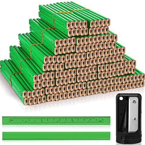 Honoson 200 Pcs Flat Construction Pencils with Printed Ruler Wood Graphite 2 Pcs Carpenter Pencil Sharpener for Woodworking Marking Tool(Green) - color: Green