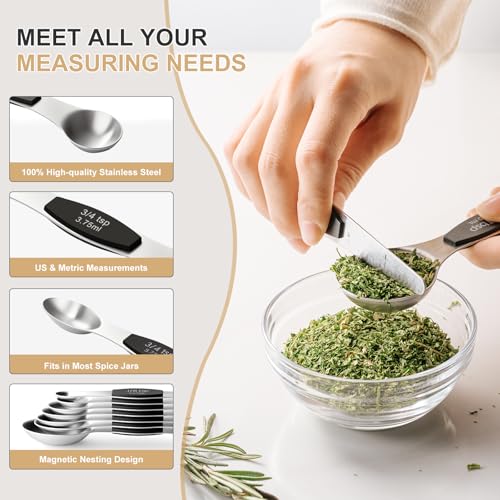 Stainless Steel Measuring Cups & Spoons Set, EWFEN Kitchen Tools Nesting Measuring Cups and Spoons, Fits in Spice Jars for Baking & Cooking, BPA Free, Set of 15 with Leveler, Black - color: Black Spoons