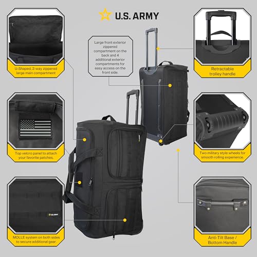 US Army ROMEO 28-inch Large Tactical Duffel Bag with Wheels | Heavy Duty Material, Molle Webbing, Water Resistant Military Rolling Bag for Travel, Deployment, and Camping - Black - color: Black, size: 28-inch