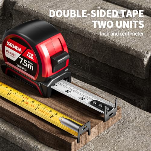 SENDA Tape Measure 25FT with 1/8 Fraction, Double-Hook Measuring Tape Retractable with 1 Inch Wide Blade & Belt Clip, ABS TPR Rubber Protection,Matte Nylon-Coated Blade for DIY, Construction (1 Pack) - color: Red, size: 25 FT