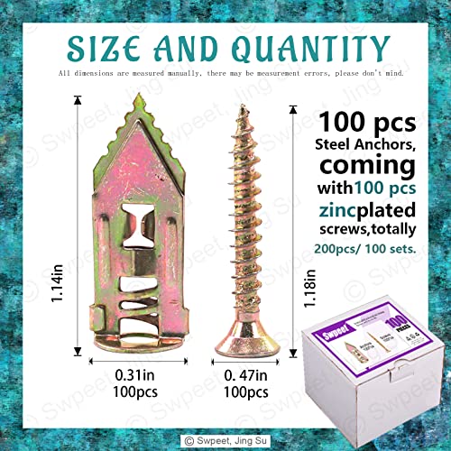 Swpeet 200Pcs Drywall Self-Drilling Anchors with Screws Kit, No Drill Or Holes in Wall Perfect for TV, Bike, Shelf Straps, Cabinet & Fixing Curtains (100PCS Steel Anchors and 100PCS Zinc Screws)