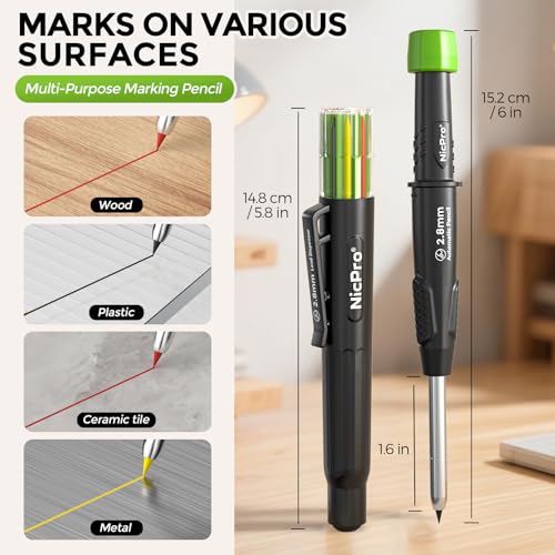 Nicpro CP3000 Construction Pencils with Sharpener & Holster, 1 Pack | Carpenter Pencil with 6 Refills, Deep Hole Mechanical Pencil for Construction, Heavy Duty Carpenter Pencil for Architect - style: Carpenter Pencil