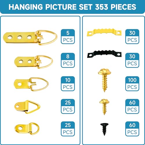 Picture Hanging Kit ,353PCS Picture Hangers Heavy Duty Picture Hanging Hooks with Screws,Sawtooth Hardware for Frames Painting, Art, Photo Mounting