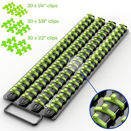 Olsa Tools 80-Slot Portable Socket Organizer Tray With Handle Green/Black - color: Black Tray/Green Clips