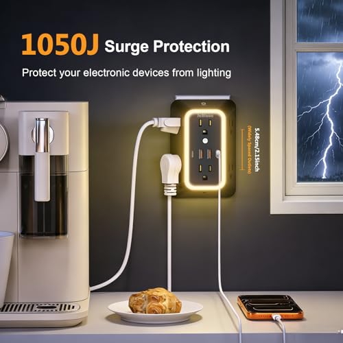 Wall Outlet Extender with Night Light, Power Plug Adapter 6 Outlet Extender with 4 USB Charging Ports（2 USB C）,1050J Power Strip Multi Plug Adapter Spaced for Home Office Travel-Black-ETL - color: Black-1Pcs