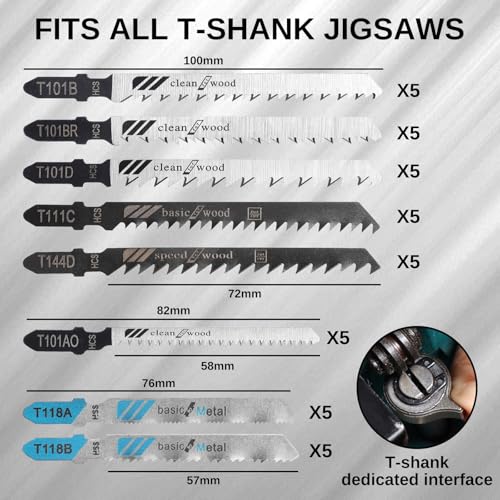 40Pcs T-Shank Multi-Purpose Jigsaw Blades Set with Storage Case, Made with HCS/HSS, Assorted T-Shank Jig Saw Blades for Wood, Plastic and Metal Cutting (JSB40A) - style: JSB40A 40Pcs Set