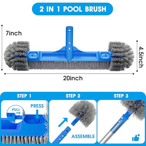 TidyMister Pool Brush with Pole - 20’’ 2-in-1 Detachable Round Brush with Extra Side Brush for Cleaning Hard-to-Reach Corners, 9 FT Aluminum Extended Pool Pole with Hidden Hook Retriever - size: 20 Inch