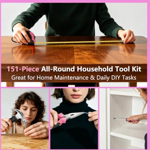 JENABOM Drill Set, 151-Piece Home Tool Set with 12V Pink Cordless Drill - color: Pink