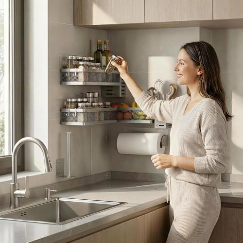 PUSDON 5-in-1 Wide Wall Mount Wrapped Mesh Kitchen Organizer & Shower Caddy Kit, with Paper Towel Holder, Utensil Holder, Soap Dish, Heavy Duty 50LBS - Silver Gray, Netting - color: Silver Grey, size: 5-in-1 Full Mesh (12.6" Wide)