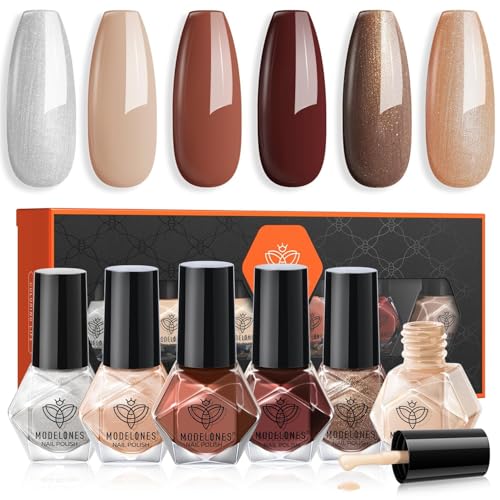 modelones Nail Polish Set 6 Colors, Fall Winter Brown Nude Silver Glitter Nail Polish Skin Tone Collection Quick Dry Mini Manicure DIY Nail Art Salon Home Gifts For Women Girl - color: A7 Gold Fall