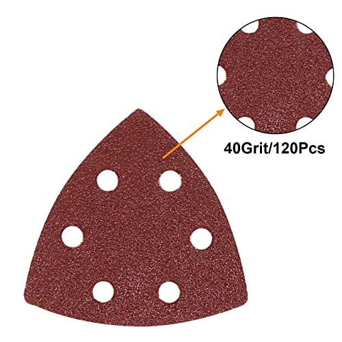120 Pcs Triangle Sanding Pads, 40 Grits Detail Sander Sandpaper Hook and Loop Sanding Sheet,3.54"(90mm) Triangular Sandpaper for 3.5" Oscillating Multi Tool - size: 40 Grit, style: Hole
