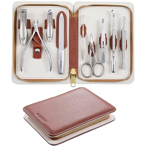 MR.GREEN 9-in-1 Manicure & Pedicure Set – Professional German Stainless Steel Nail Clippers Grooming Kit with Splash-Proof Nail Clipper & Genuine Leather Travel Case (Cognac Brown) - color: Cognac Brown