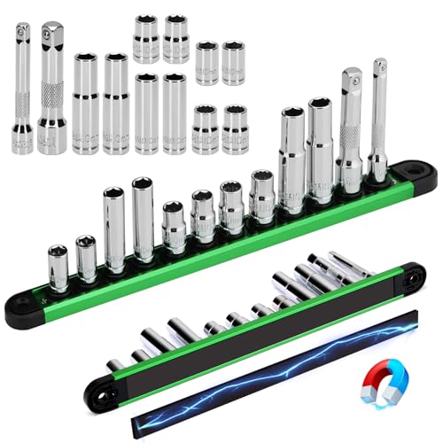 12-Piece 1/4" & 3/8" Drive 10mm Socket Set with 3-inch 3/8 & 1/4 Extension Bars | Deep & Shallow Mirror Finish Socket Set | Magnetic Storage Rail | Cr-V | 6 Point & 12 Point (13 Pack) - color: 12pcs 10mm Deep/Shallow +Mag Rail