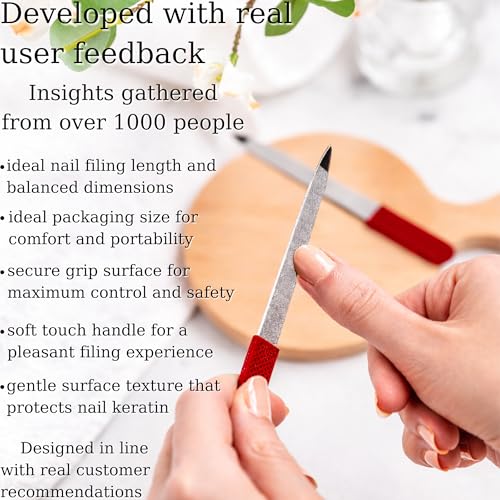 Professional Sapphire Ruby Red Nail File for Seniors & Adults – 6.7" Stainless Steel, Double-Sided Metal File, Ergonomic Non-Slip Handle, for Natural, Gel, Acrylic Nails, Manicure & Pedicure Tool