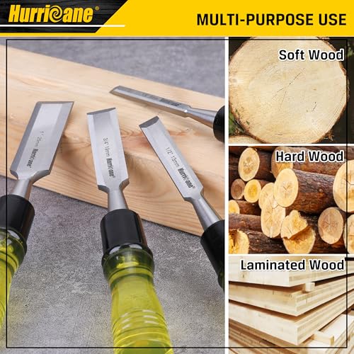 HURRICANE 4 Piece Wood Chisel Set for Woodworking. CR-V Steel Beveled Edge Blades with Safety Caps. Extra Large Grip, Impact-Resistant PVC Handle Chisels (1/4", 1/2", 3/4", 1") - size: Extra Large Size Grip
