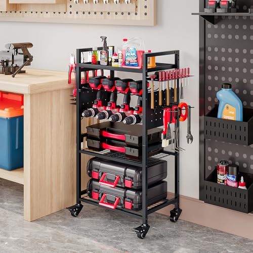 INGIORDAR Large Power Tool Organizer Storage Rolling Cart on Wheels,Black - size: 4 Tier (without Charging Station)
