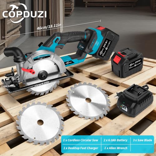 6" Cordless Circular Saw, Sierra Circular Inalambrica with 2 x 6.0Ah Battery, 7000RPM Brushless Handheld Circle Saw with 3 Blade, Max Cutting Depth 2-1/6"(90°), 1-1/4"(45°) for Wood Metal PVC