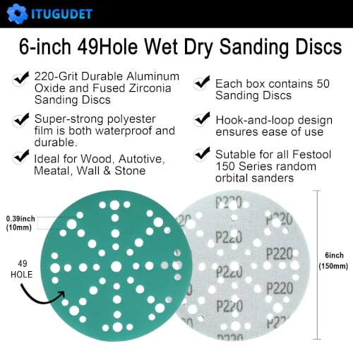 6 Inch 49 Hole Wet Dry P220 Grit Sanding Discs - 50 Pack Box - color: 220 Grit, size: 6 Inch 49 Hole