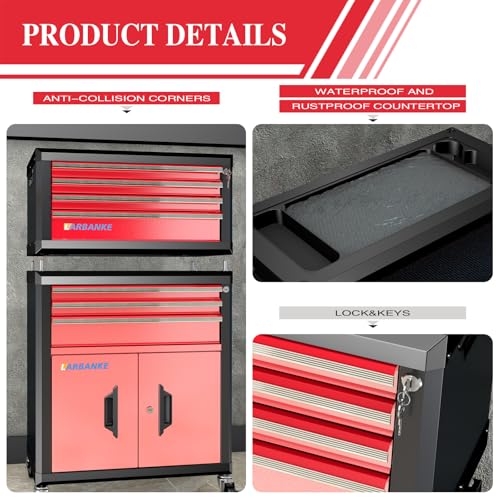 LARBANKE Portable 4-Drawer Tool Chest with Handle,Lockable Tool Box,Red