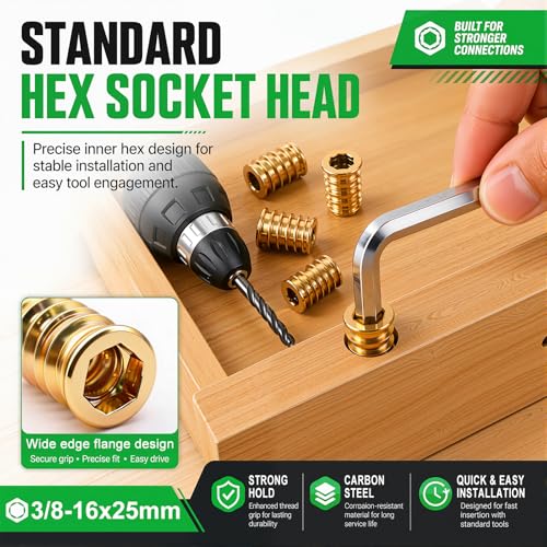 Twidec/17PCS 3/8-16 Threaded Inserts for Wood Furniture Screw-in Nut Wood Inserts Bolt Assortment Kit with Hex Wrench and Drill Bit(3/8-16x25mm) - size: 3/8"-16x25mm