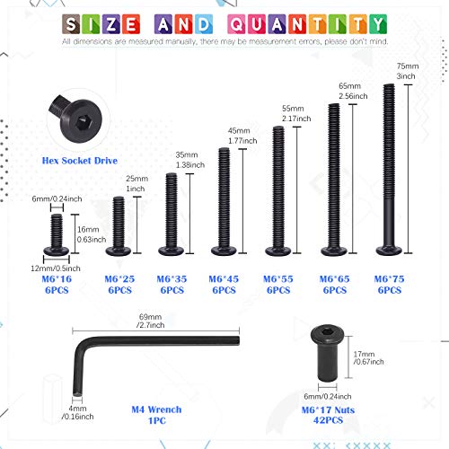 Glarks 85Pcs M6x16/ 25/35/ 45/55/ 65/ 75mm Black Hex Drive Socket Cap Bolts Kit, Allen Head Countsunk Furniture Crib Bolts Nuts Screws for Chair Table Cabinets - size: M6x16/25/35/45/55/65/75mm