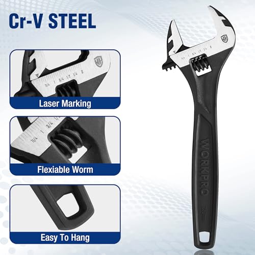 WORKPRO 4-Piece Adjustable Wrench Set, 6"-12", Cr-V Steel, Black Oxide - color: Black, size: 6 & 8 & 10 & 12 inch