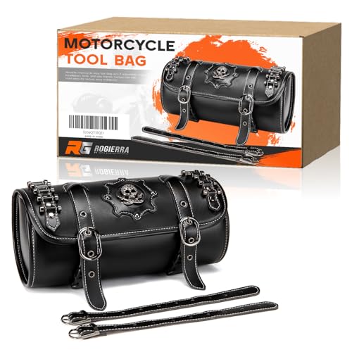 Rogierra 7.9L Motorcycle Metal Skull Tool SaddleBags Front Fork Handlebar Bag PU Leather Sissybar Storage Pouch Compatible with Harley Bikes - style: Metal Skull Emblem With Rivet Detail