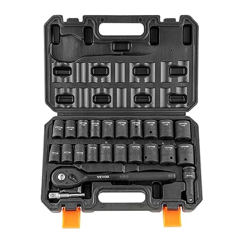 VEVOR 1/2" Drive Impact Socket Set, 23 Piece Socket Set SAE （7/16" -1"）& Metric （13-24mm）6 Point Cr-V Alloy Steel for Auto Repair with Ratchet Handle Rugged Construction Storage Case - size: 1/2" 23 PCS