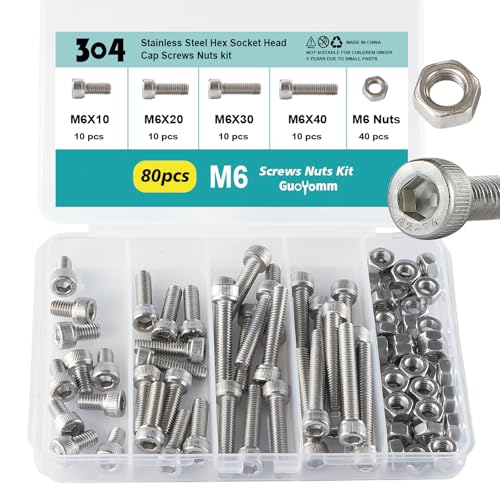 M6 x 10mm 20mm 30mm 40mm Hex Socket Head Cap Screws Bolts and Nuts, Stainless Steel 304, Bright Finish, Metric Allen Drive, Fully Thread, Assortment Kit 80PCS - size: Socket M6x10-40mm+Nuts