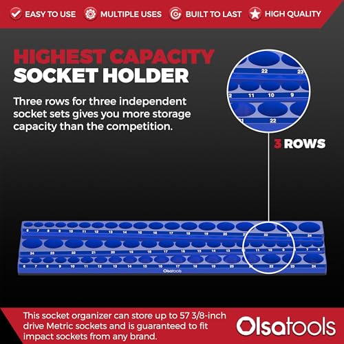 Olsa Tools Magnetic Socket Holder 3/8-Inch Drive Metric, Blue, 54 Slots - color: Blue, size: 3/8-Inch Drive, Metric
