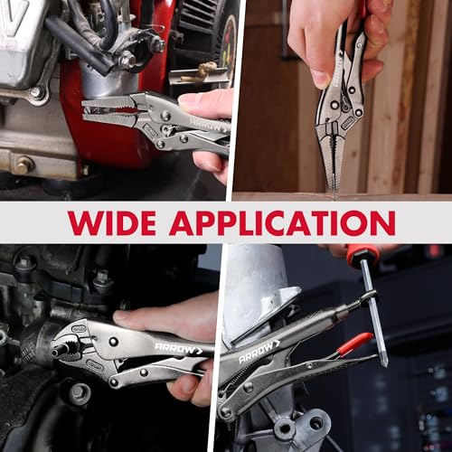 ARROW 3PCS Locking Pliers Set with Long Nose and Curved Jaw | 6.5" Long Nose, 7" & 10" Curved Jaw Locking Pliers, CR-MO Steel, One-Hand Release, Adjustable Screw, Anti-Slip Handle - size: 6.5&7&10inch